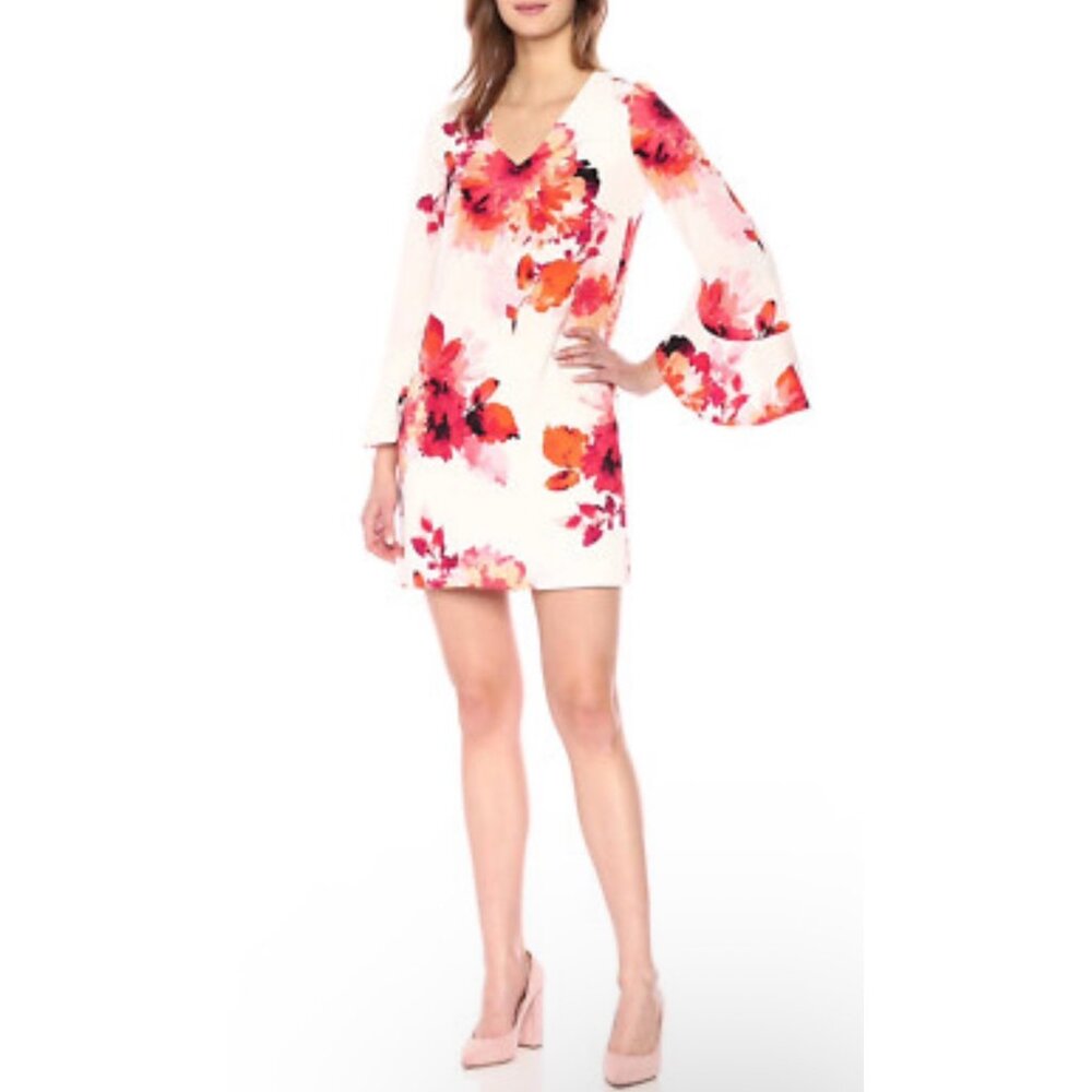 CALVIN KLEIN Bell Sleeve Bold Floral Shift Dress Size 12 Cocktail Wedding